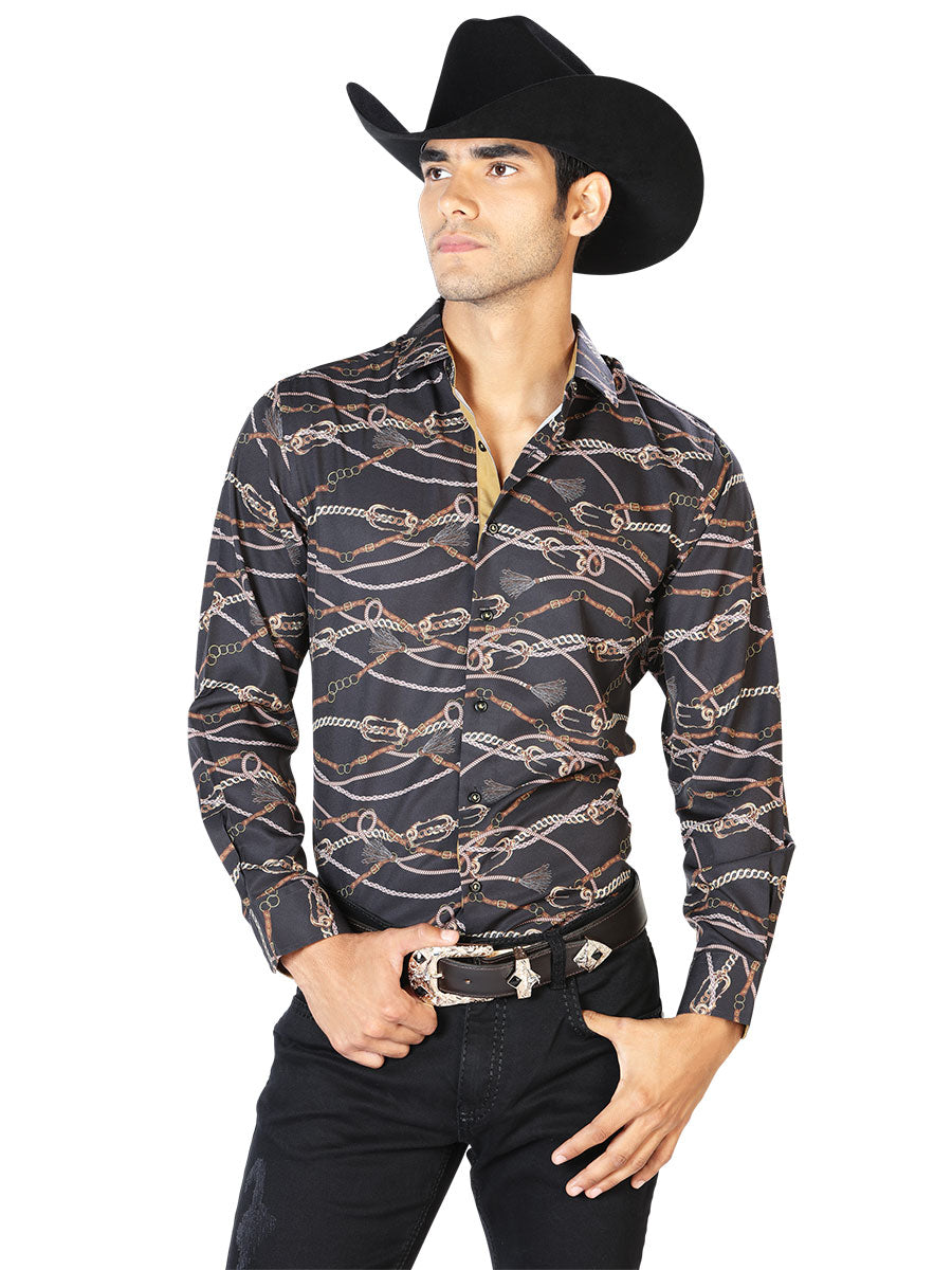Camisa Casual Manga Larga El Señor De Los Cielos Wh-042 97% Poliéster 3% Elastano Negro/Oro 43545