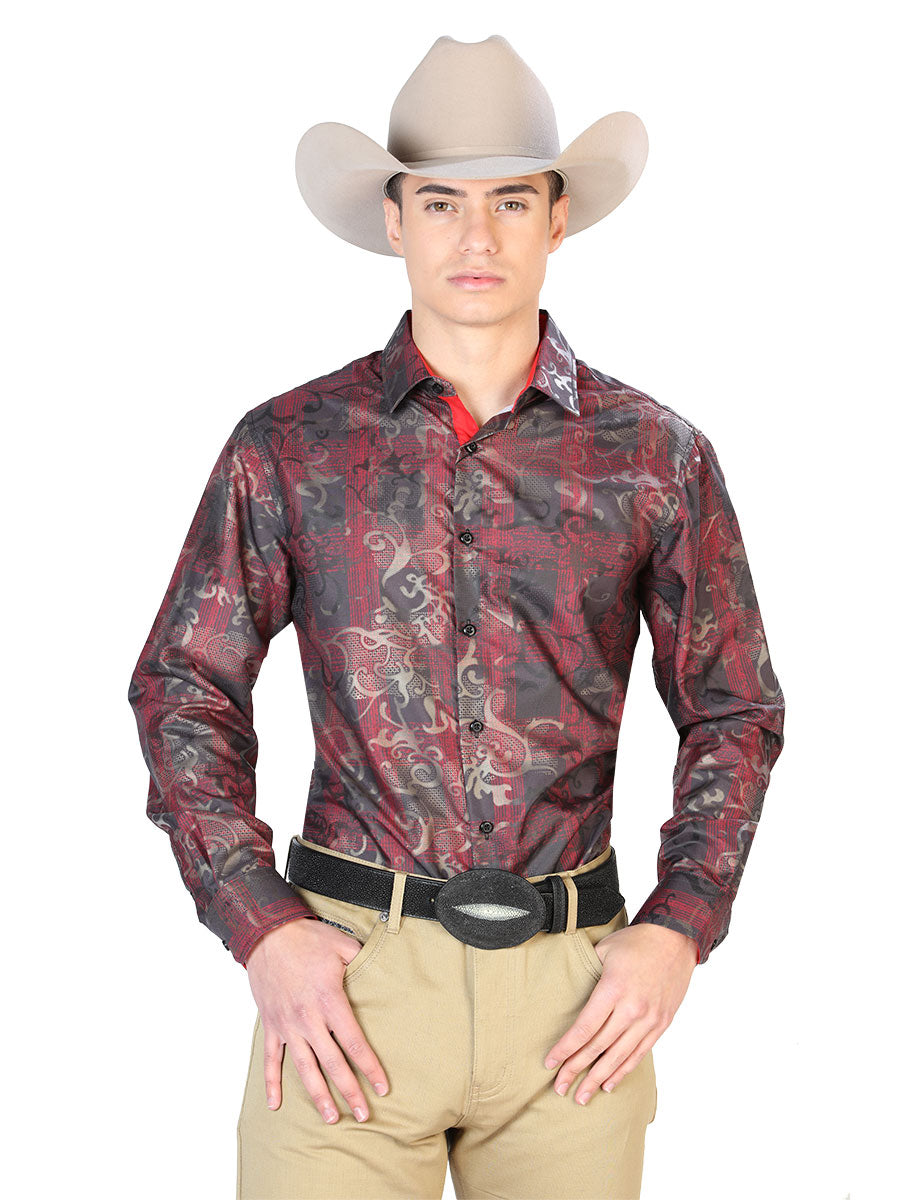 Camisa Casual Manga Larga El Señor De Los Cielos Wh7-177 100% Poliester Rojo/Negro 43795