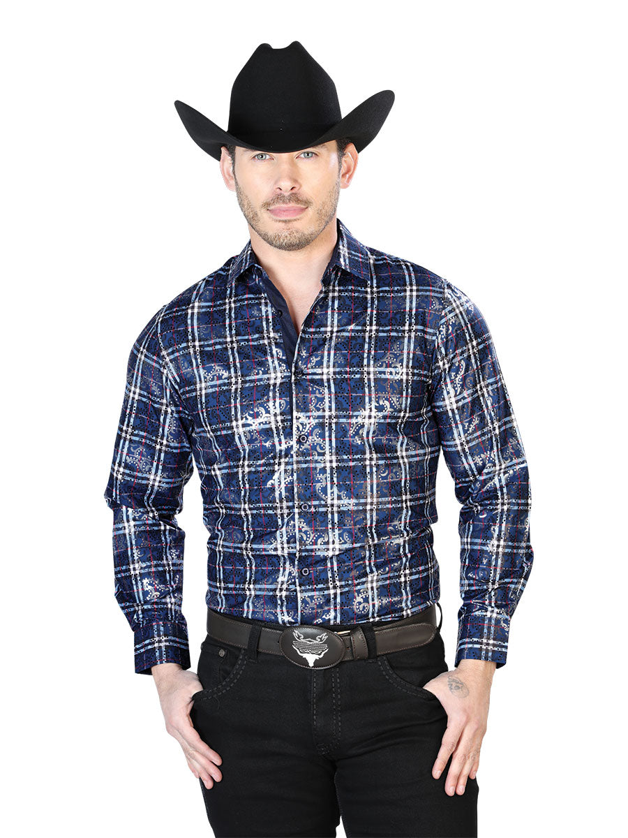 Camisa Casual Manga Larga El Señor De Los Cielos Wh7-171 100% Poliester Negro Cuadros 43821