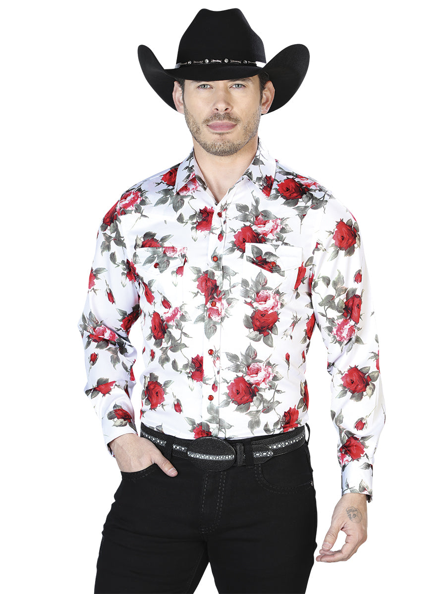 Camisa Casual Manga Larga El Señor De Los Cielos 20 97%Poliéster 3%Lycra Blanco/ Rosas Rojas 43935