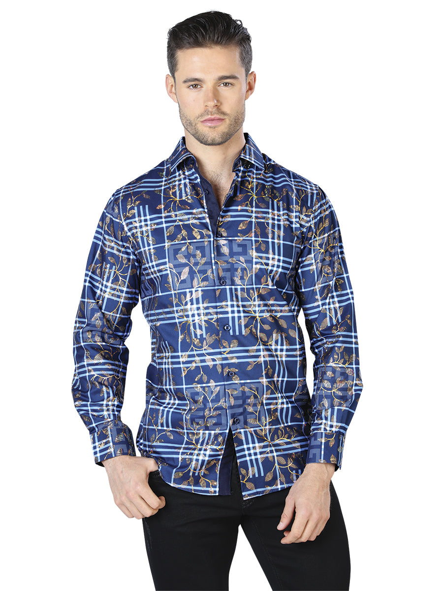 Camisa Casual Manga L El Señor De Los Cielos Wh10-018 100% Poliester Estampado Azul/Dorado 44020