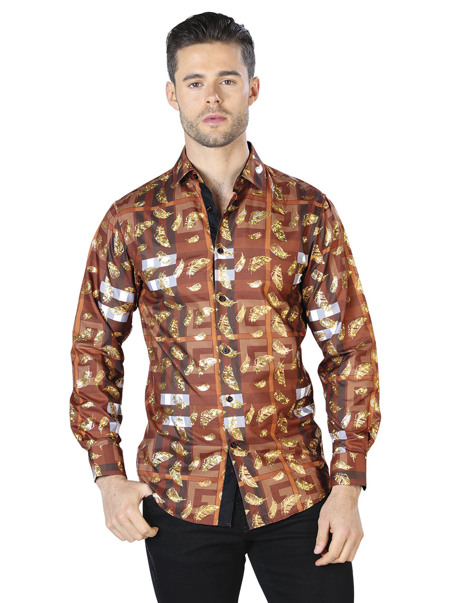 Camisa Casual Manga Larga El Señor De Los Cielos Wh10-022 100% Poliéster Marrón/Oro 44024