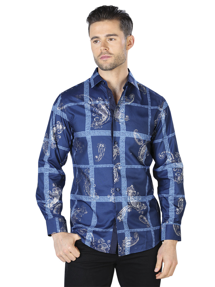 Camisa Casual Manga Larga El Señor De Los Cielos Wh10-024 100% Poliéster Marino/Plata 44026
