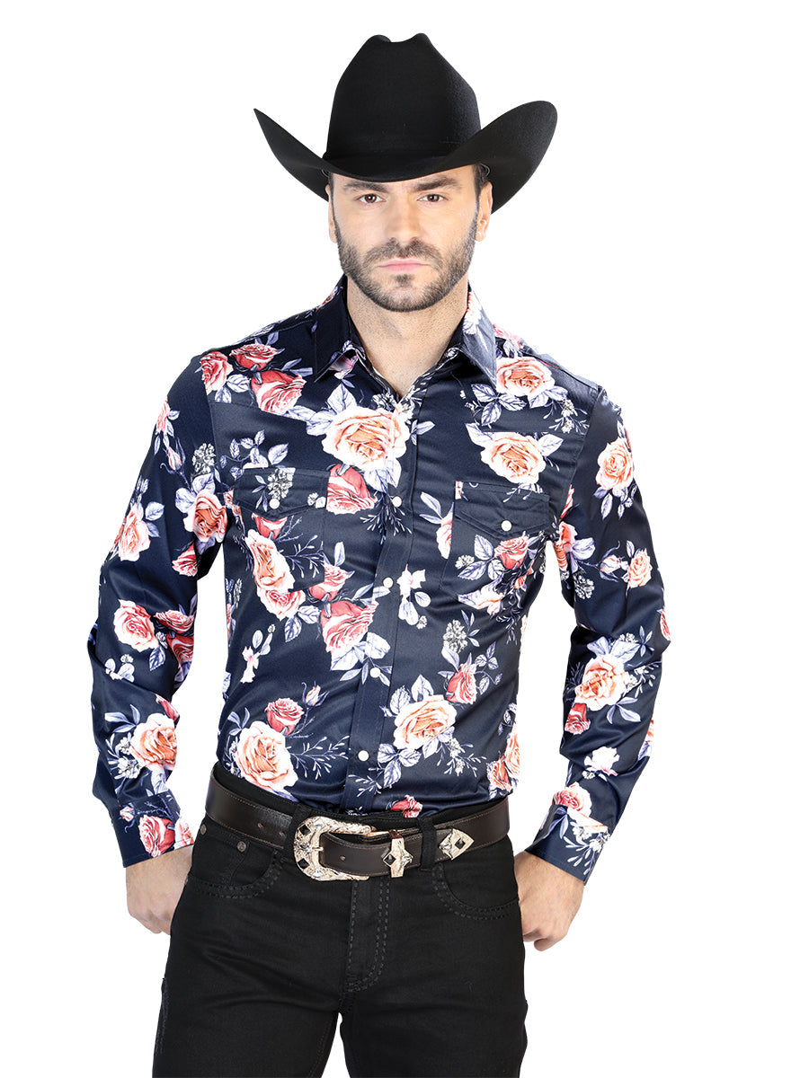 Azul Marino/roses Casual Manga Larga Camisa 44089