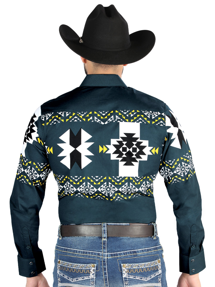 Camisa Vaquera M/ Larga El Senor De Los Cielos 23-58 97% Algodón 3% Lycra Verde Azul 44486