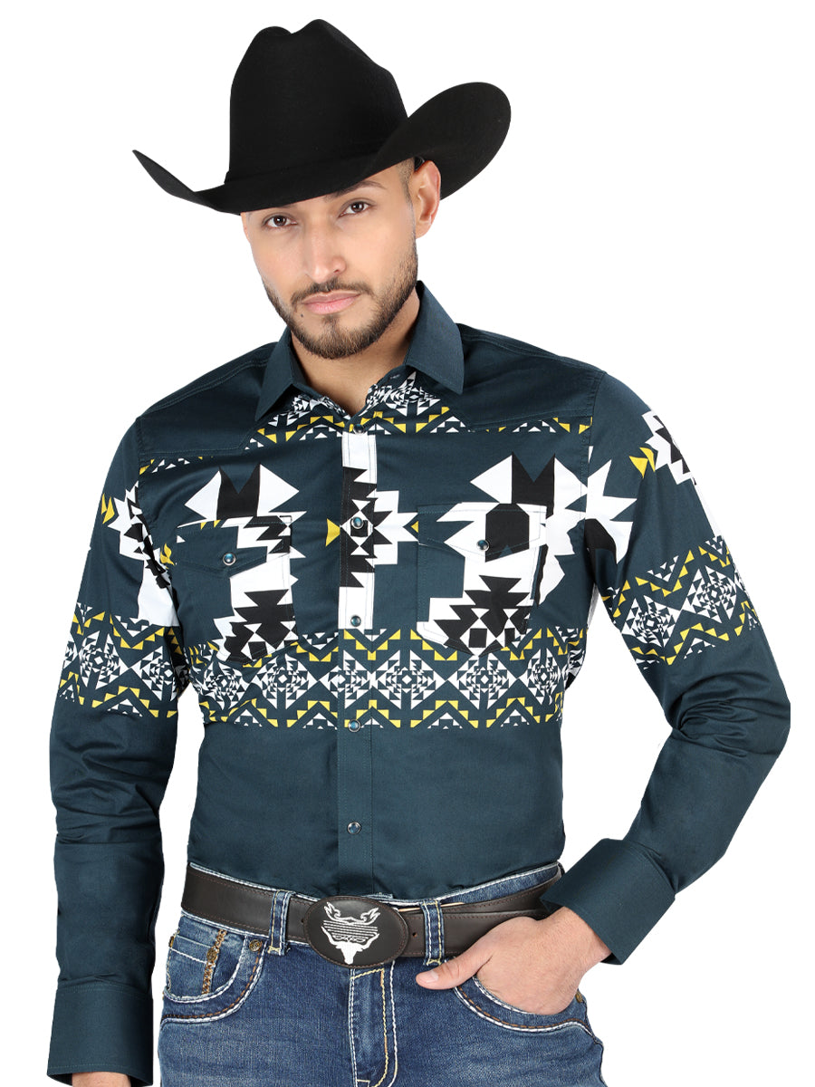 Camisa Vaquera M/ Larga El Senor De Los Cielos 23-58 97% Algodón 3% Lycra Verde Azul 44486