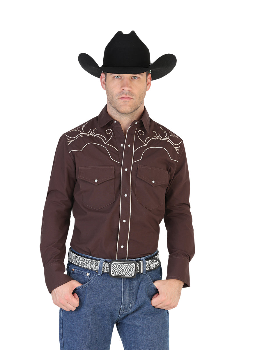 Camisa Vaquera El Senor De Los Cielos Sc18-07 65% Polyester 35% Algodon Cafe 123908