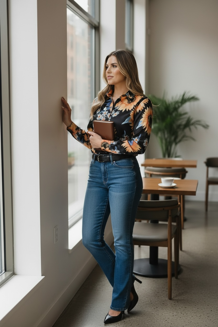 Dama Negro/sunflowers Manga Larga Vaquero Camisa 43900