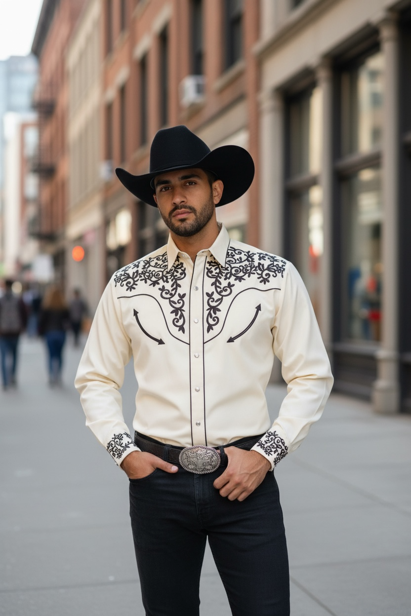 Camisa Vaquera Bordada Hombre