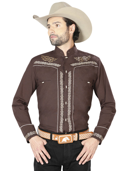 Camisa Charra M/ Larga El Senor De Los Cielos Chc060 65% Polyester 35% Algodon Cafe 42876
