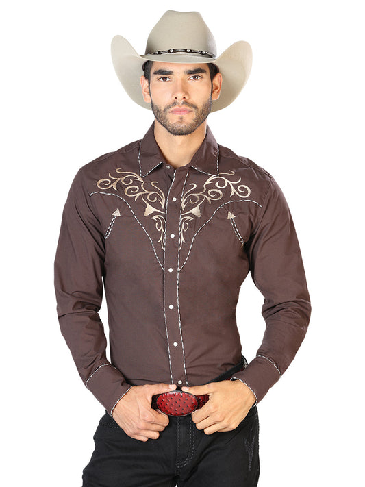 el General Bordado Vaquero Camisa Café/dorado 42891