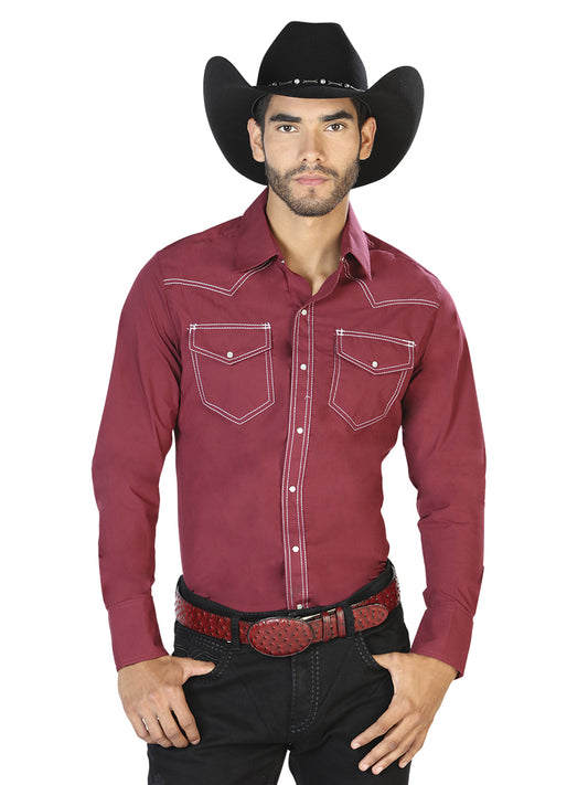 Camisa Vaquera M/ Larga El Senor De Los Cielos Mc061924 65% Polyester 35% Algodon Vino 42897
