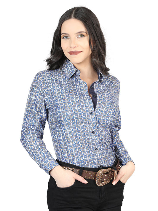 Azul Estampado Manga Larga Camisa 43014