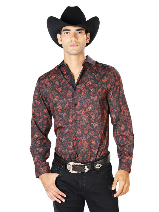 Camisa Casual Manga L El Señor de los Cielos WH-051 97% Poliester 3% Elastano Negro/Ladrillo 43541