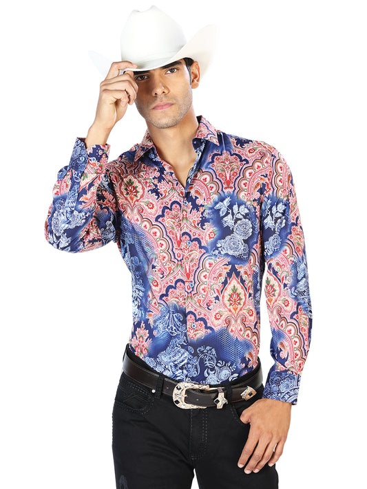 Camisa Casual Manga Larga El Señor De Los Cielos Wh-160 97% Poliéster 3% Elastano Azul Marino/Rojo/Oro  43580