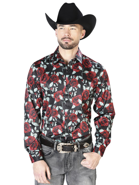 Camisa Casual L/ Manga El Señor de los Cielos 97%Poliéster 3%Lycra Negro/ Rosas Rojas 43667