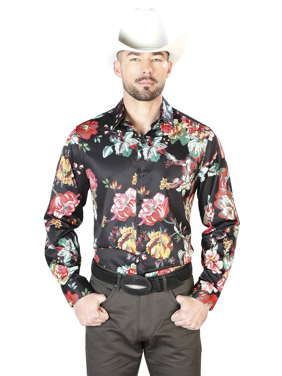 Camisa Casual L/ Manga El Señor de los Cielos 97%Poliéster 3%Lycra Blanco/ Rosas Rojas 43675