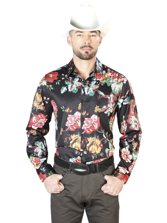 Camisa Casual L/ Manga El Señor de los Cielos 97%Poliéster 3%Lycra Blanco/ Rosas Rojas 43675