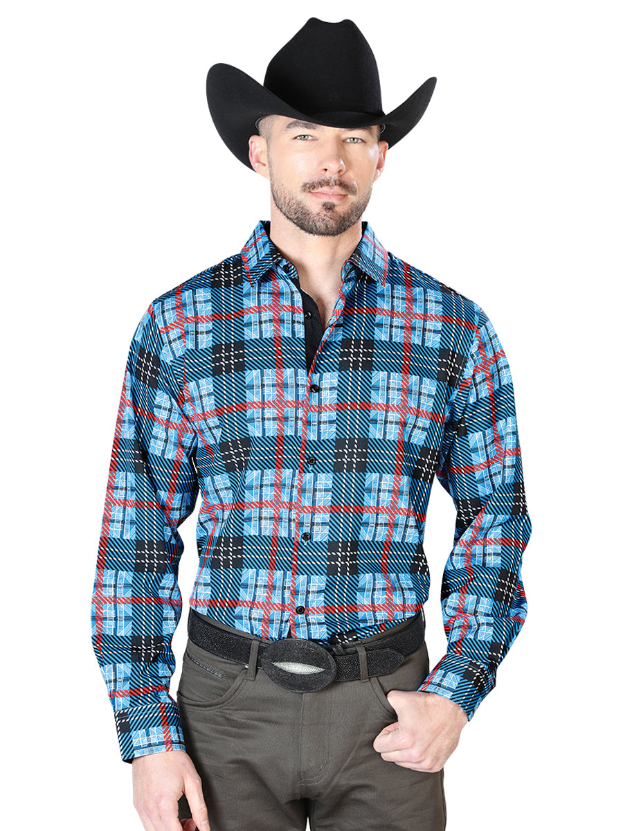 Camisa Casual L/ Manga El Señor de los Cielos 81704H 95% Poliester 5% Elastano Azul/Cuadros 43690
