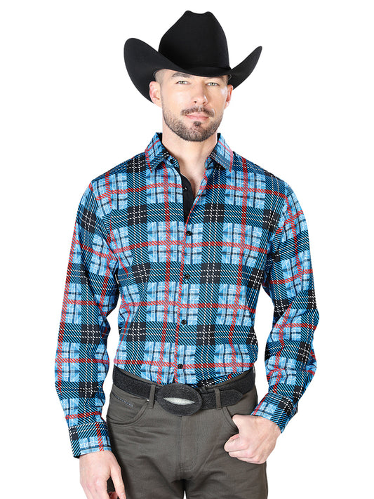 Camisa Casual L/ Manga El Señor de los Cielos 81704H 95% Poliester 5% Elastano Azul/Cuadros 43690