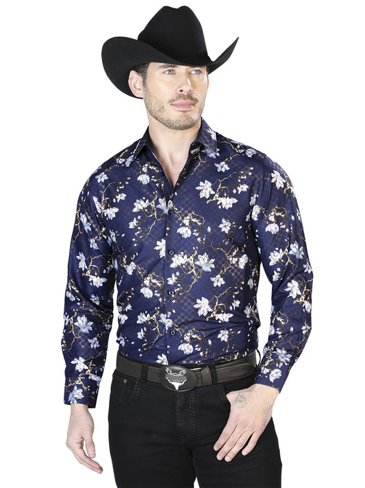 Camisa Casual L/ Manga El Señor de los Cielos WH7-034 100% POLIESTER AZUL MARINO 43822