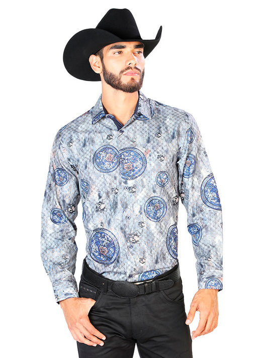 Camisa Casual L/ Manga El Señor de los Cielos WH7-081 100% POLIÉSTER GRIS/AZUL 43823