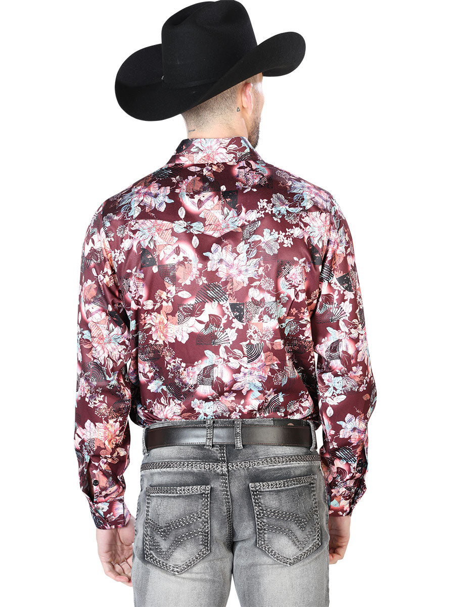 Vino y Beige Flor Estampado Casual Manga Larga Camisa 43936