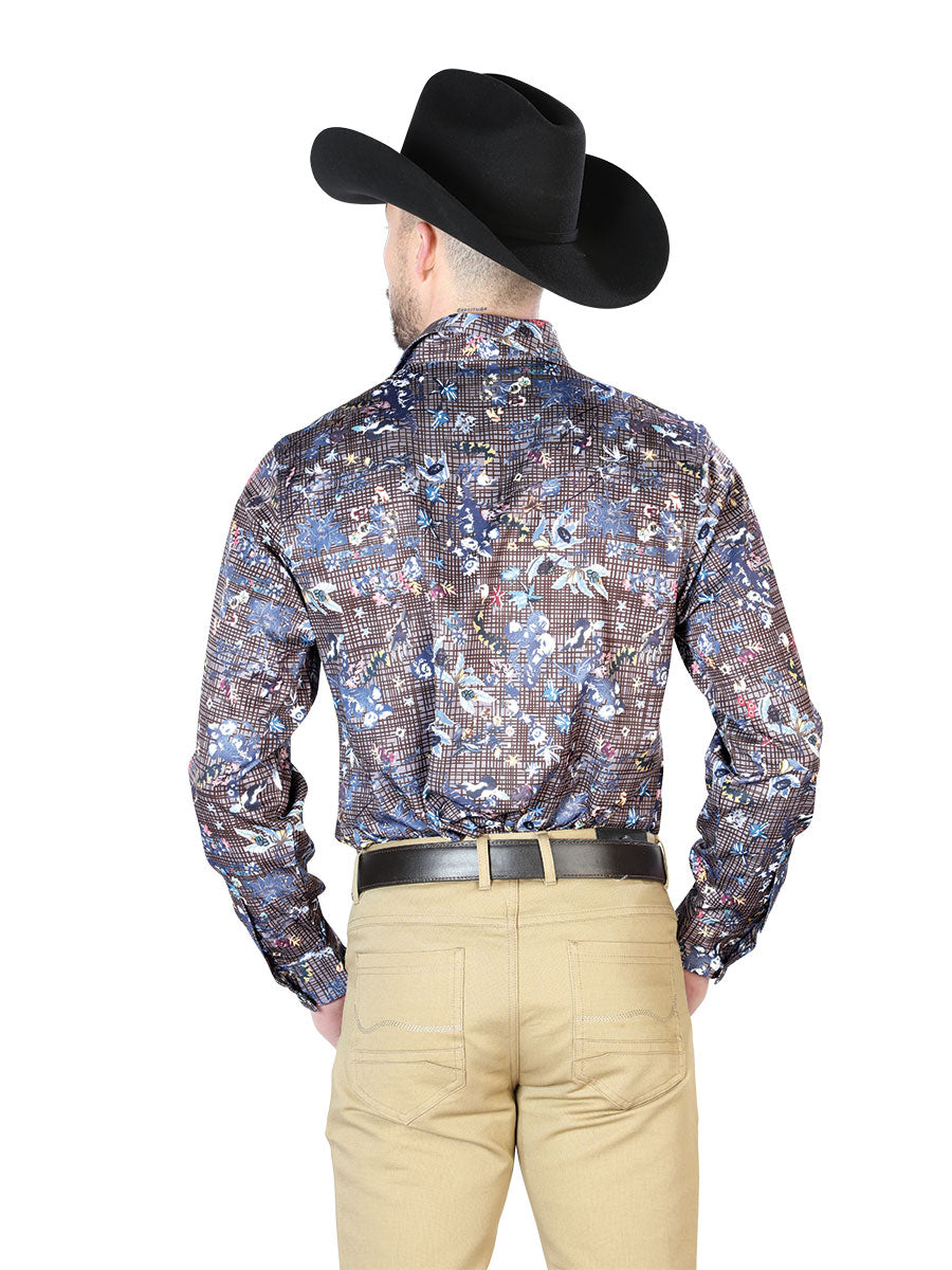 Azul Marino Floral Casual Manga Larga Camisa 43953