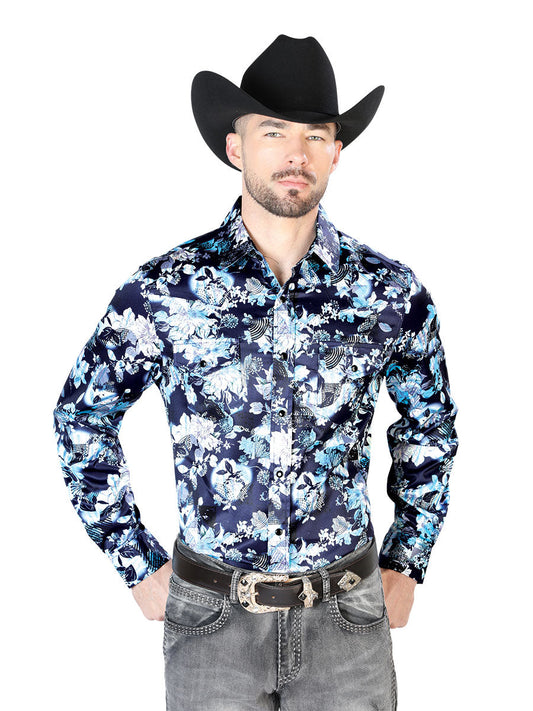Azul Flor Estampado Casual Manga Larga Camisa 43958