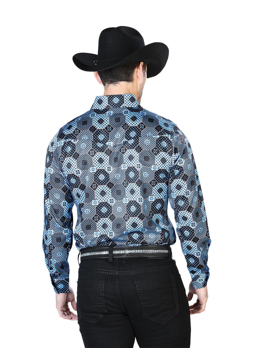 Azul Estampado Casual Manga Larga Camisa 43963