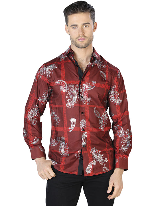 Camisa Casual Manga Larga El Señor De Los Cielos Wh10-025 100% Poliéster Vino/Plata 44027