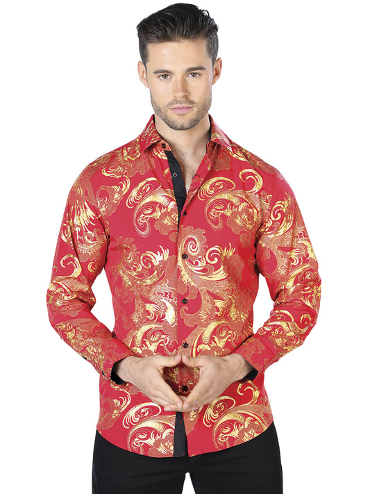 Casual Camisa L/ Manga El Señor De Los Cielos Wh10-038 97% Poliéster 3% Spandex Rojo/gold 44040