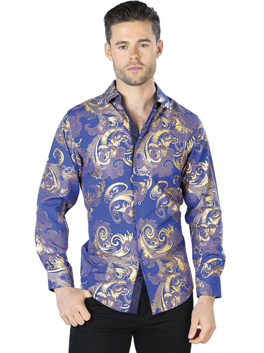 Camisa Casual L/ Manga El Señor de los Cielos WH10-040 97% Poliester 3% Elastano AZUL/ORO 44042