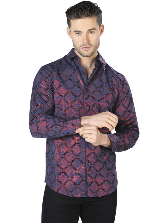 Camisa Casual Manga L El Señor de los Cielos WH10-054 97% Poliester 3% Elastano VINO/NEGRO 44056