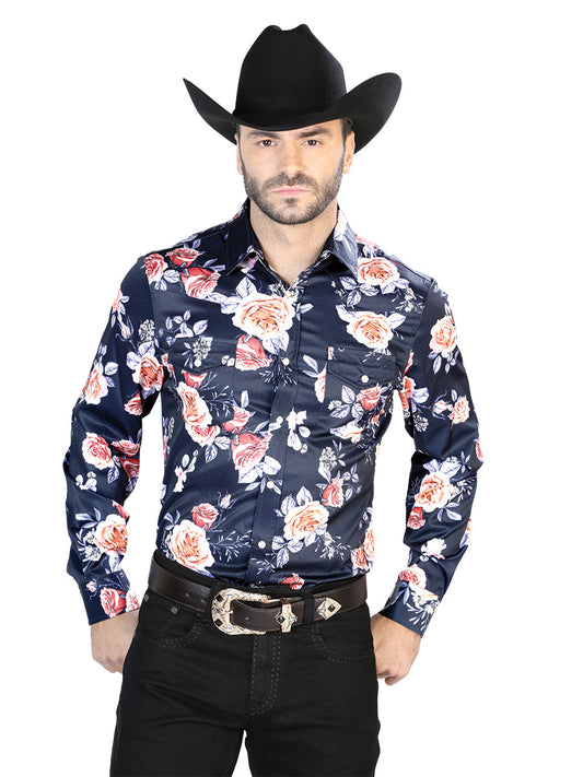 Azul Marino/roses Casual Manga Larga Camisa 44089