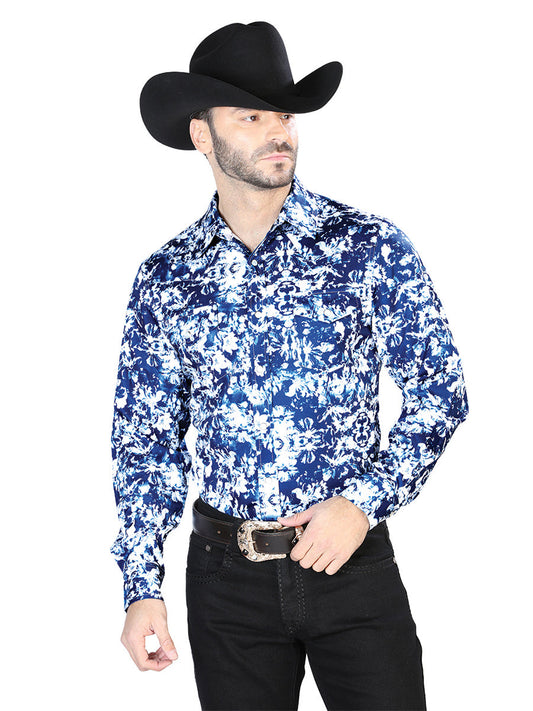 Azul y Blanco Casual Manga Larga Camisa 44091