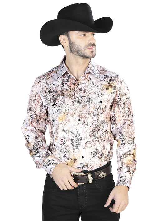 Blanco y Café Casual Manga Larga Camisa 44093