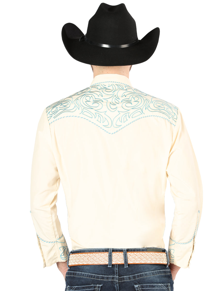 el General Bordado Vaquero Camisa Beige/azul 44199