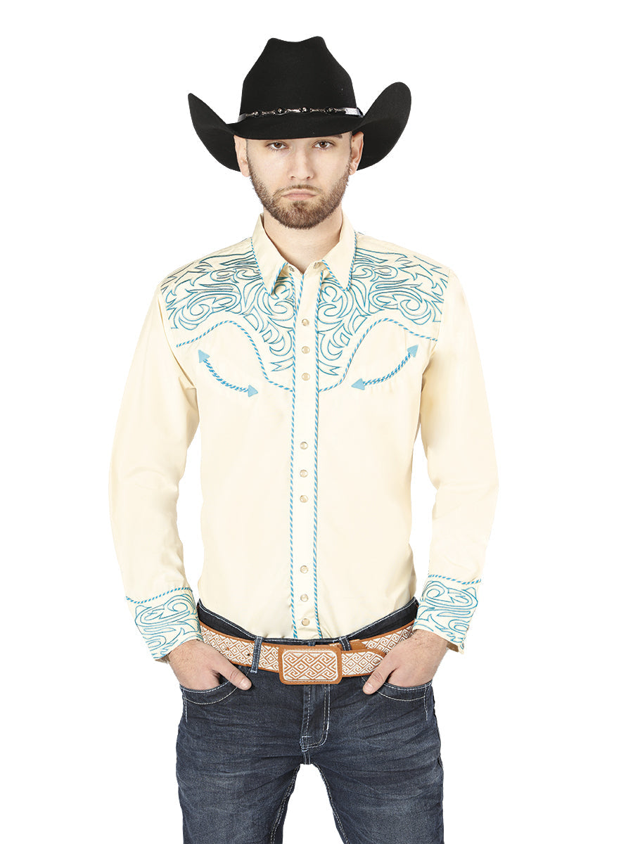 el General Bordado Vaquero Camisa Beige/azul 44199