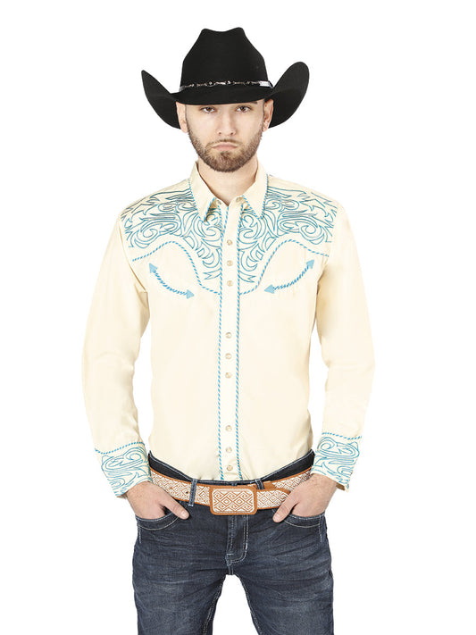 el General Bordado Vaquero Camisa Beige/azul 44199