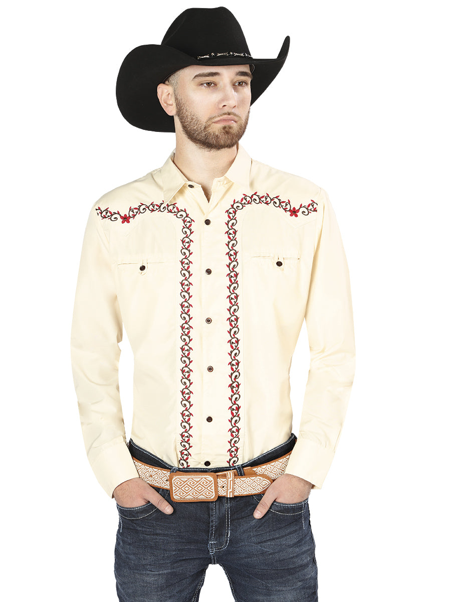 el General Bordado Vaquero Camisa Beige/rojo 44201