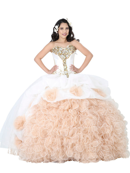 Vestido Mis Xv Primaveras Ninette 100% Polyester Blanco/ Dorado 600929