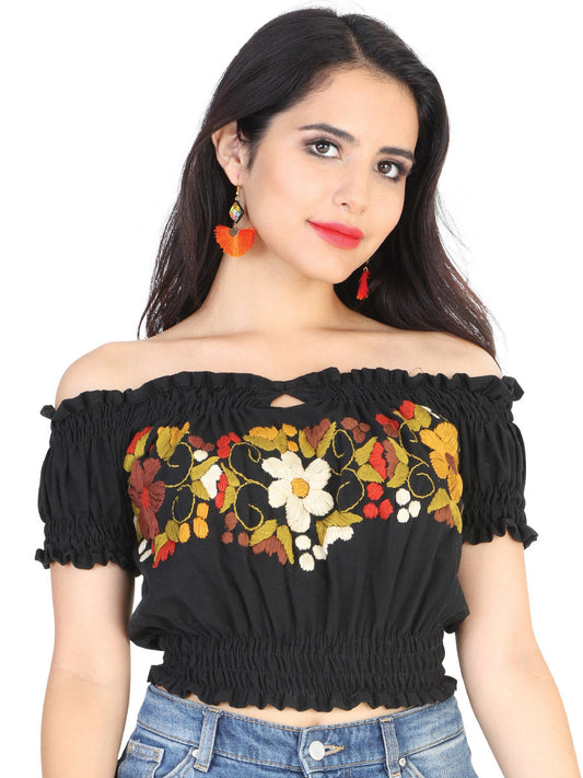 Artesanal Bordado Blusa 100% Algodón Negro 601984