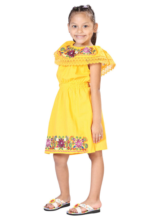 Vestido Mexico Artesanal Doble Bordado 100% Algodon Amarillo 603042
