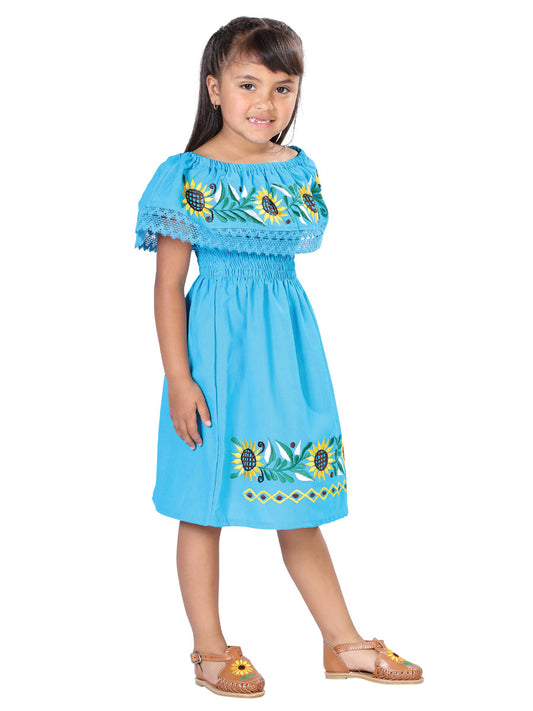 Vestido Mexico Artesanal Campesino Girasol 100% Algodón Azul 603085