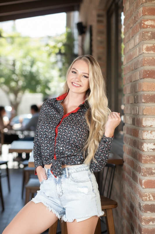 Camisa Casual Dama El Senor De Los Cielos Ea000901 100% Algodon Negro/Rojo 43013