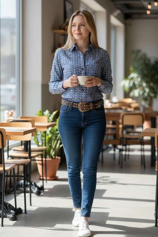 Azul Estampado Manga Larga Camisa 43014