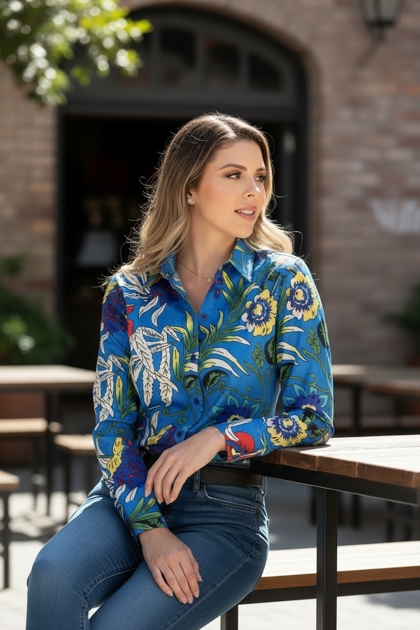 Dama Royal Azul Manga Larga Vaquero Camisa 43895