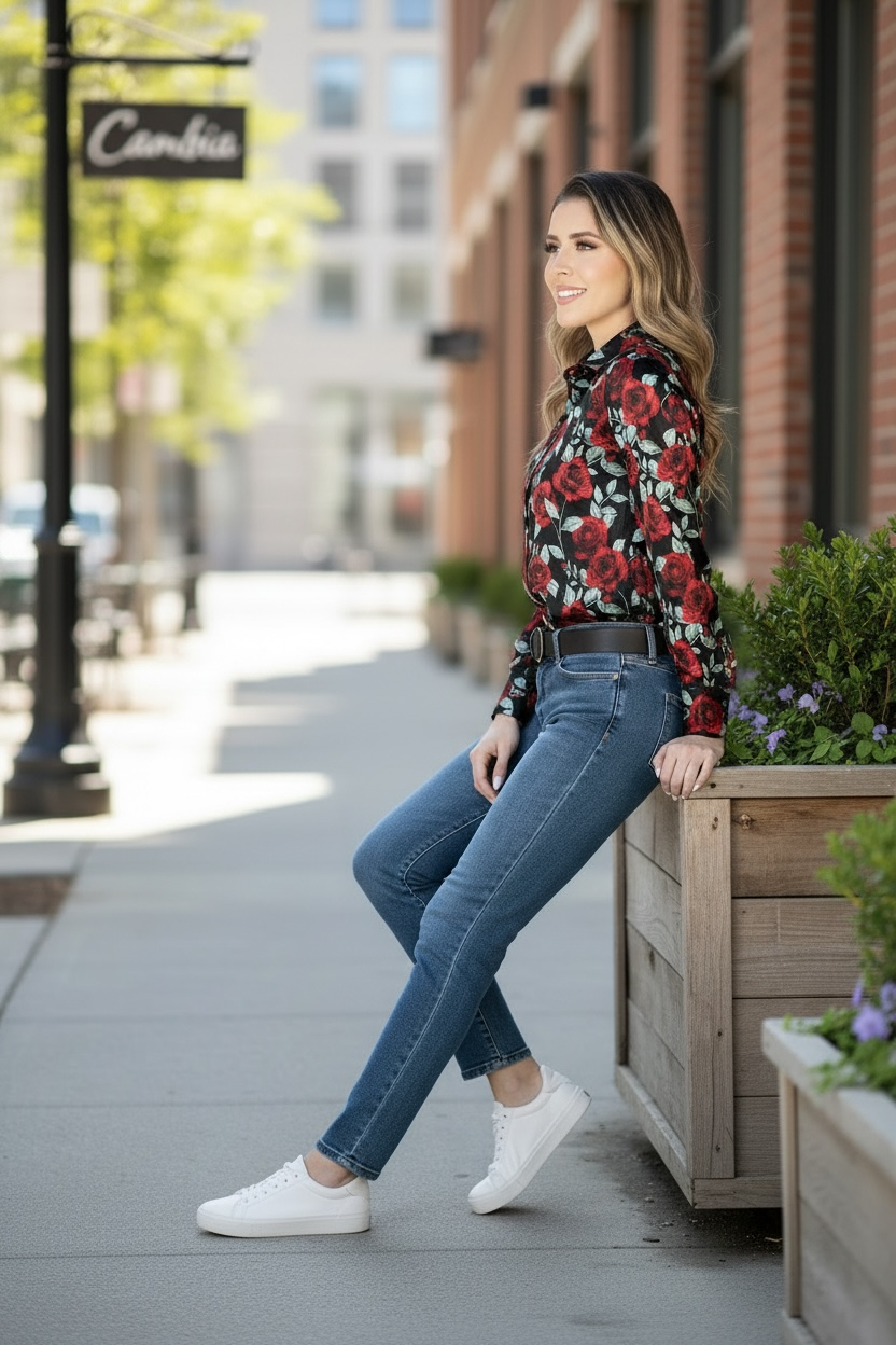 Blusa L/ Manga El Señor De Los Cielos 97%Poly 3%Lycra Negro/ Rosas Rojas 43898