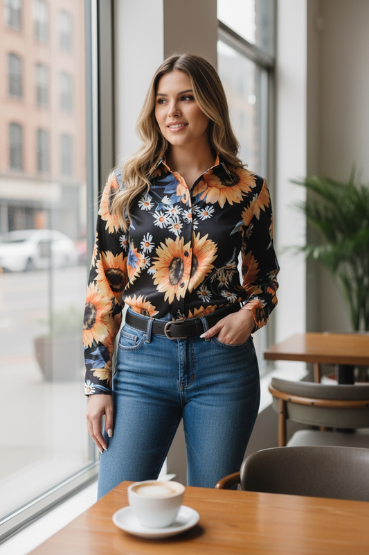 Dama Negro/sunflowers Manga Larga Vaquero Camisa 43900